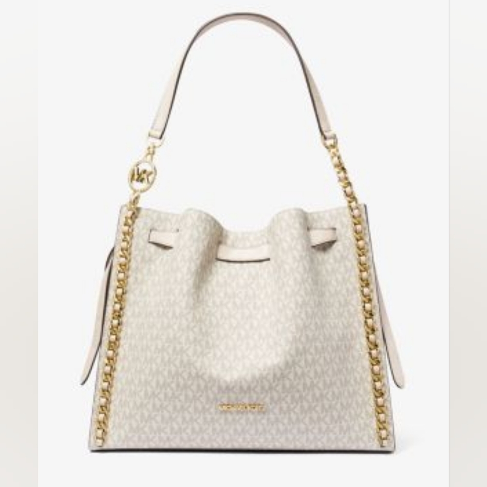 NWT Michael Kors Mina Signature Chain Shoulder Bag Large Vanilla/Acorn/Gold